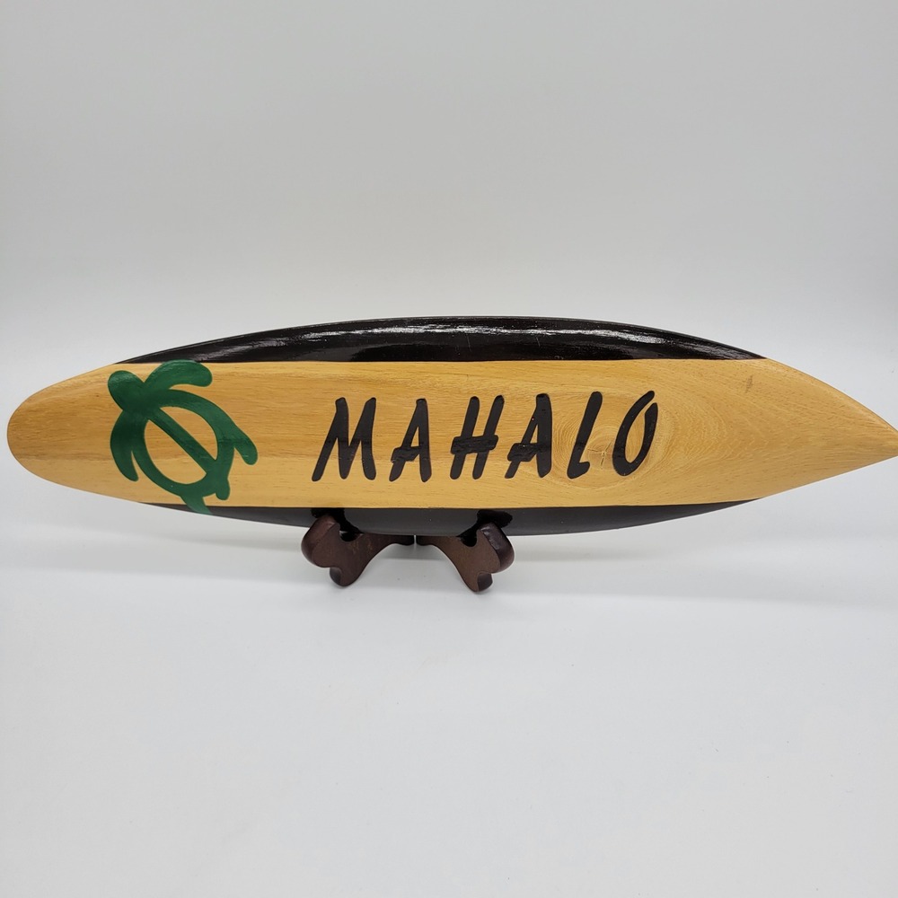 VTG Mahalo Wood Surfboard Wall Decor Honu Sea Turtle Hawaiian Tropical Sign 15in